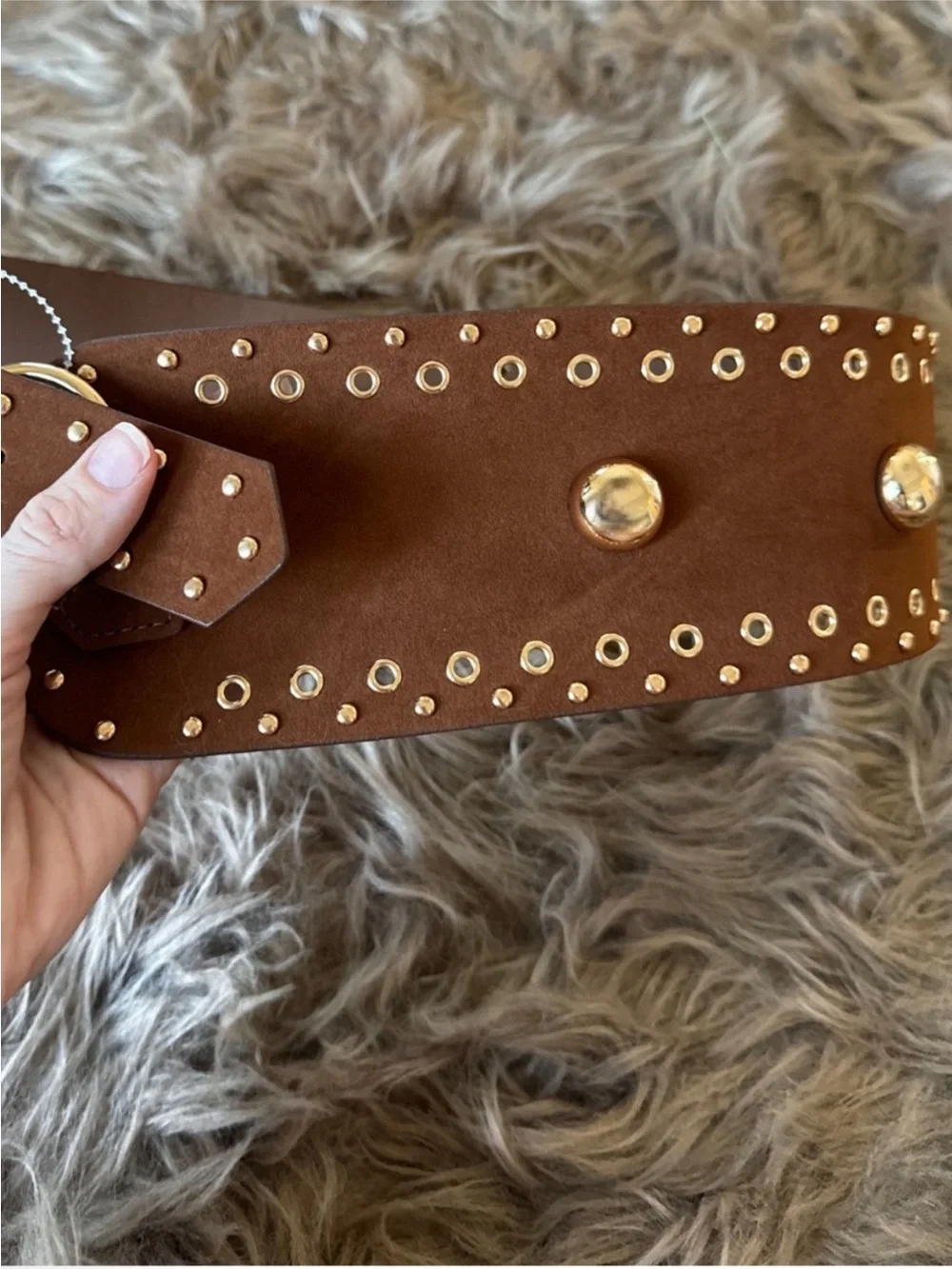 Tan faux suede western belt chunky gold studs chic cowgirl wide belt rare